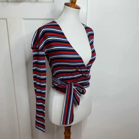 Free People Striped Vneck Crop Wrap Top - Picture 3 of 5